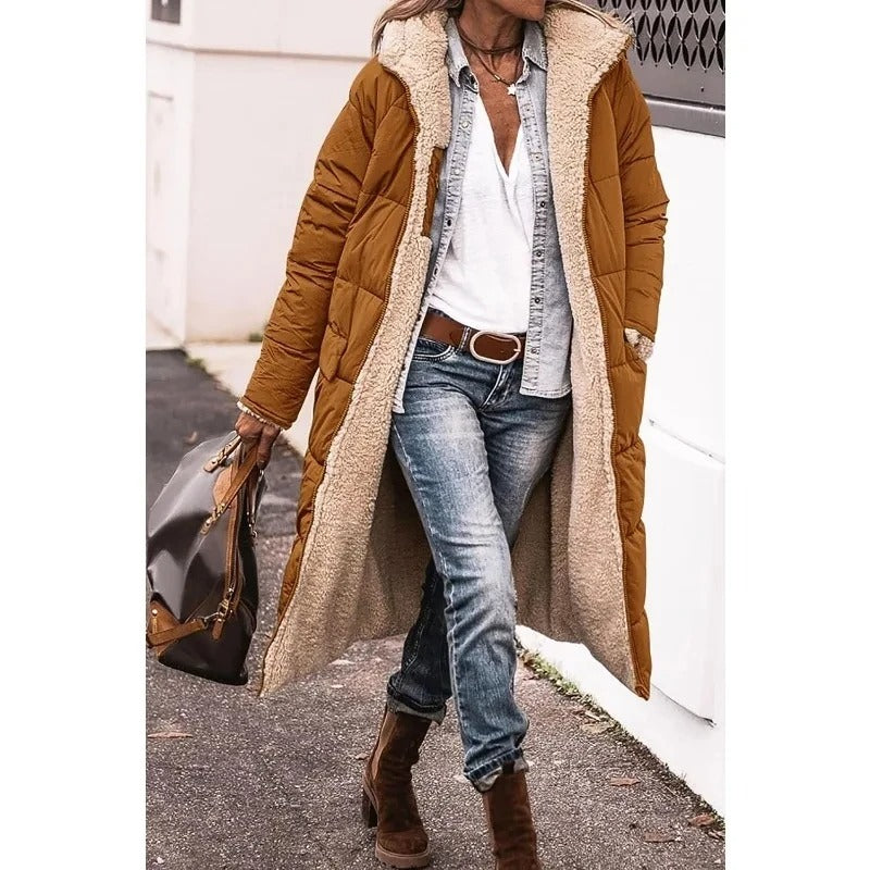 Womens long sherpa-lined quilted coat, view 1
