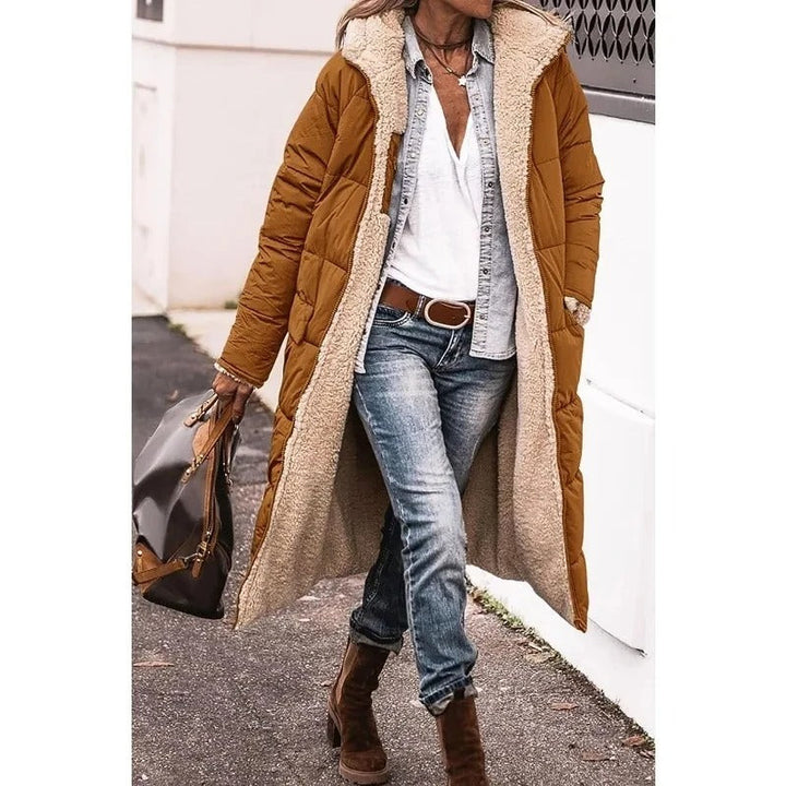 Womens long sherpa-lined quilted coat, view 1