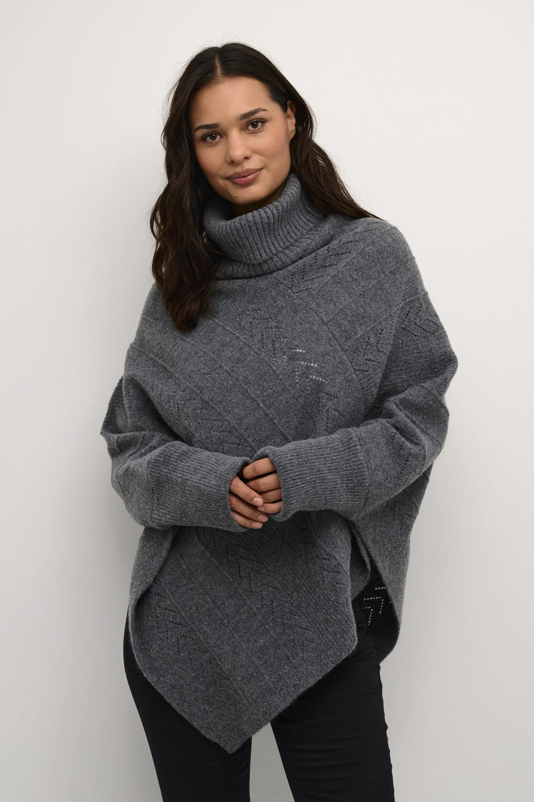 Womens pointelle turtleneck poncho sweater, view 3