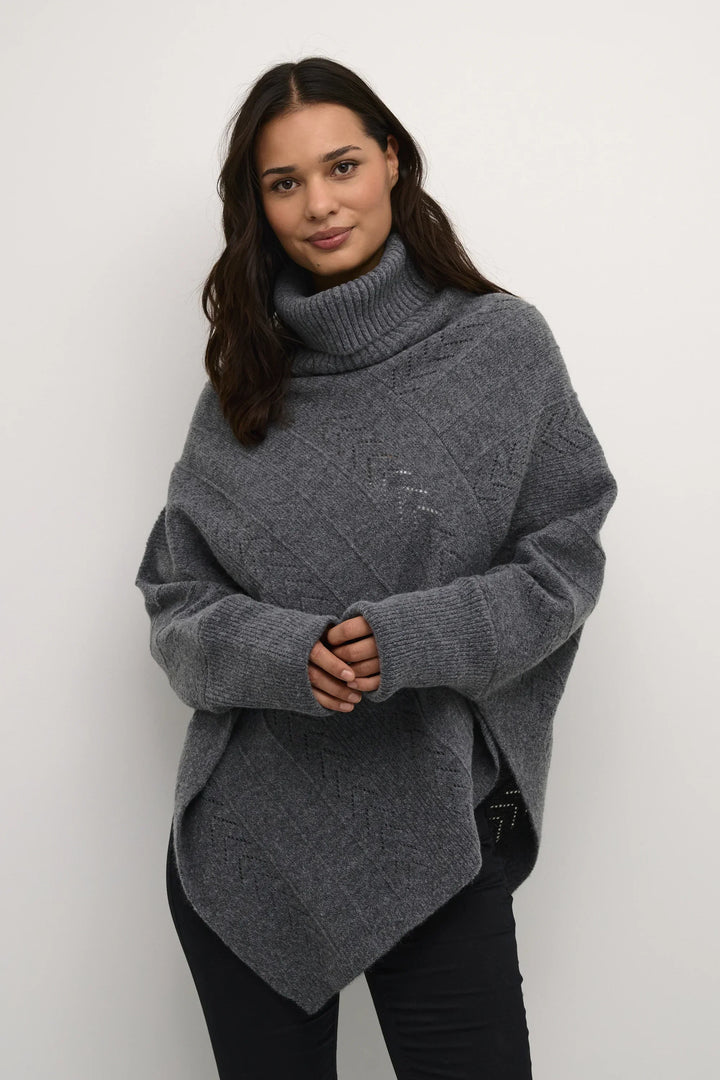 Womens pointelle turtleneck poncho sweater, view 3