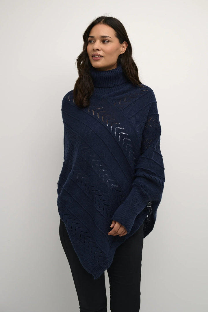 Womens pointelle turtleneck poncho sweater, view 4