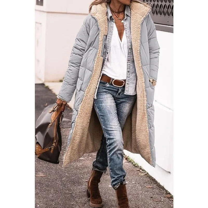Womens long sherpa-lined quilted coat, view 4