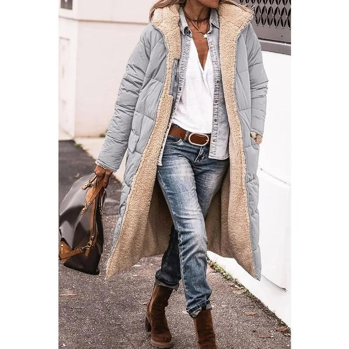 Womens long sherpa-lined quilted coat, view 4