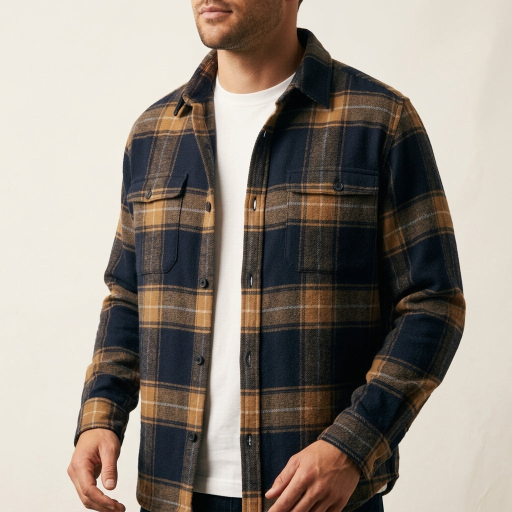 Mens plaid flannel shirt jacket, view 1