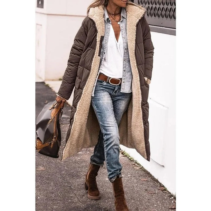 Womens long sherpa-lined quilted coat, view 6