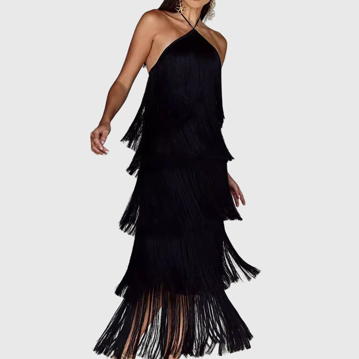 Shelby womens backless halter fringe maxi dress
