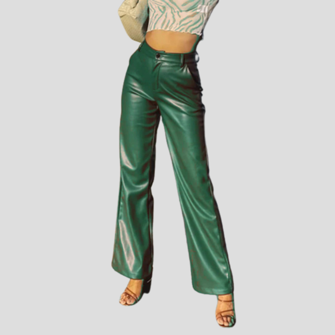 Womens wide leg faux leather pants, view 3