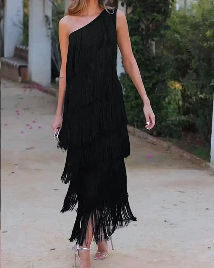 Layla womens one-shoulder fringe midi dress