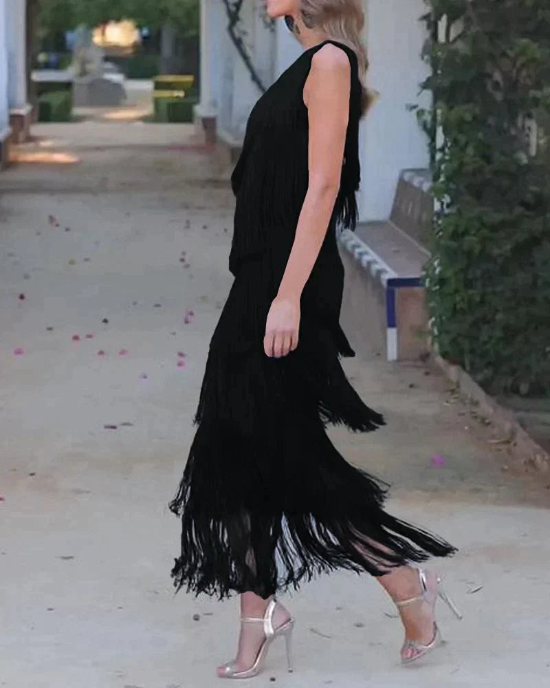 Layla womens one-shoulder fringe midi dress