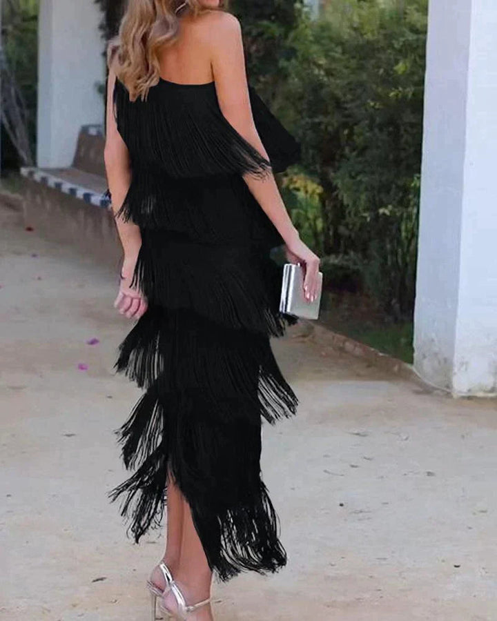 Layla womens one-shoulder fringe midi dress