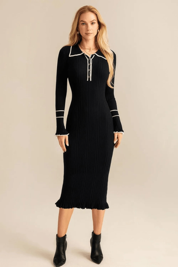 Womens polo ribbed knit sweater dress, view 2