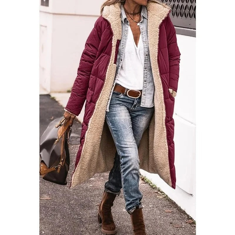 Womens long sherpa-lined quilted coat, view 7