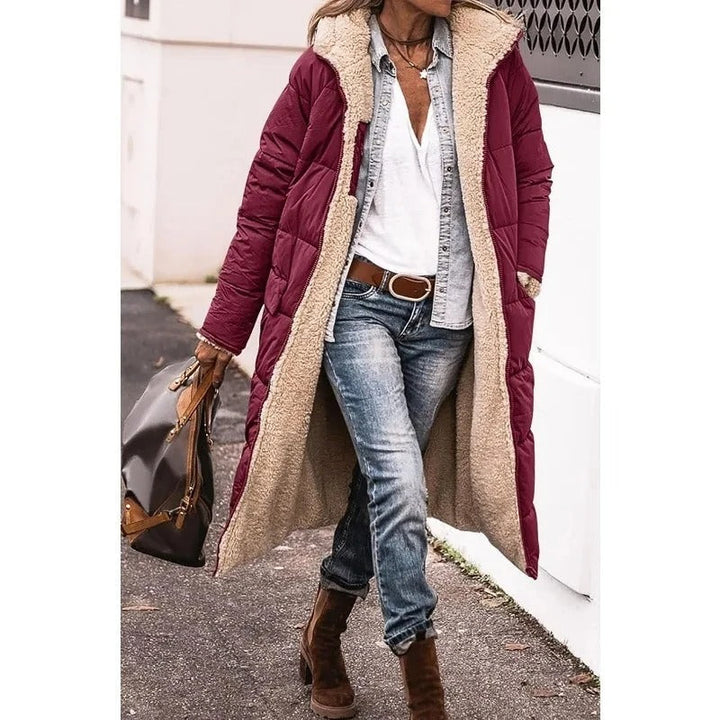 Womens long sherpa-lined quilted coat, view 7