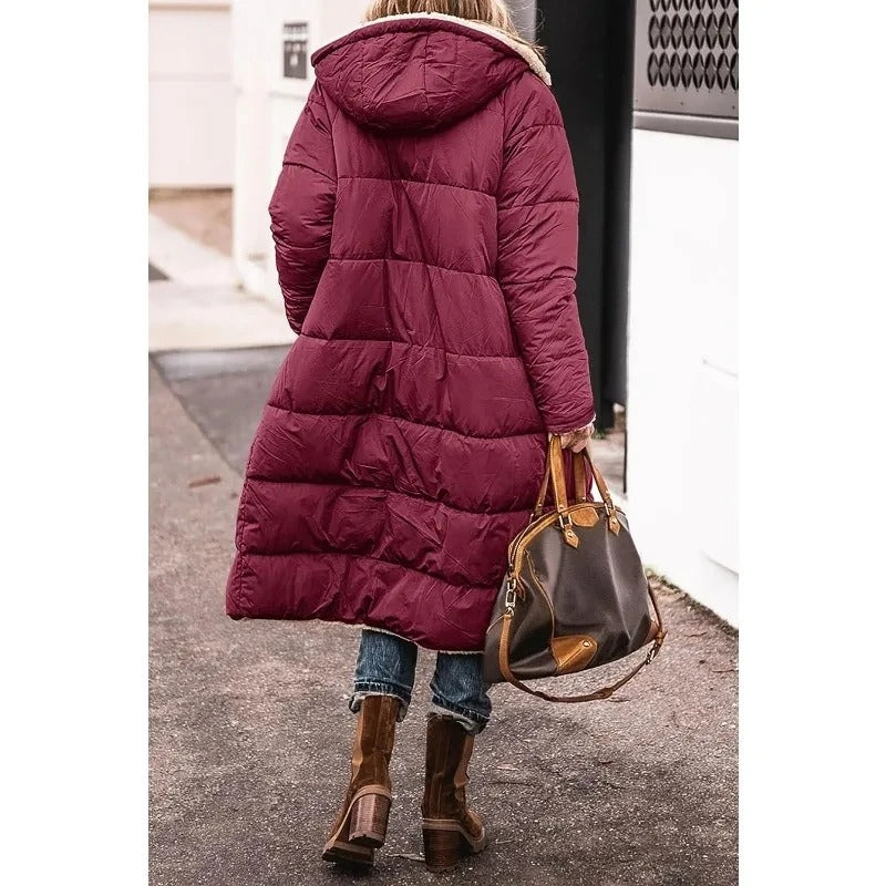Womens long sherpa-lined quilted coat, view 9