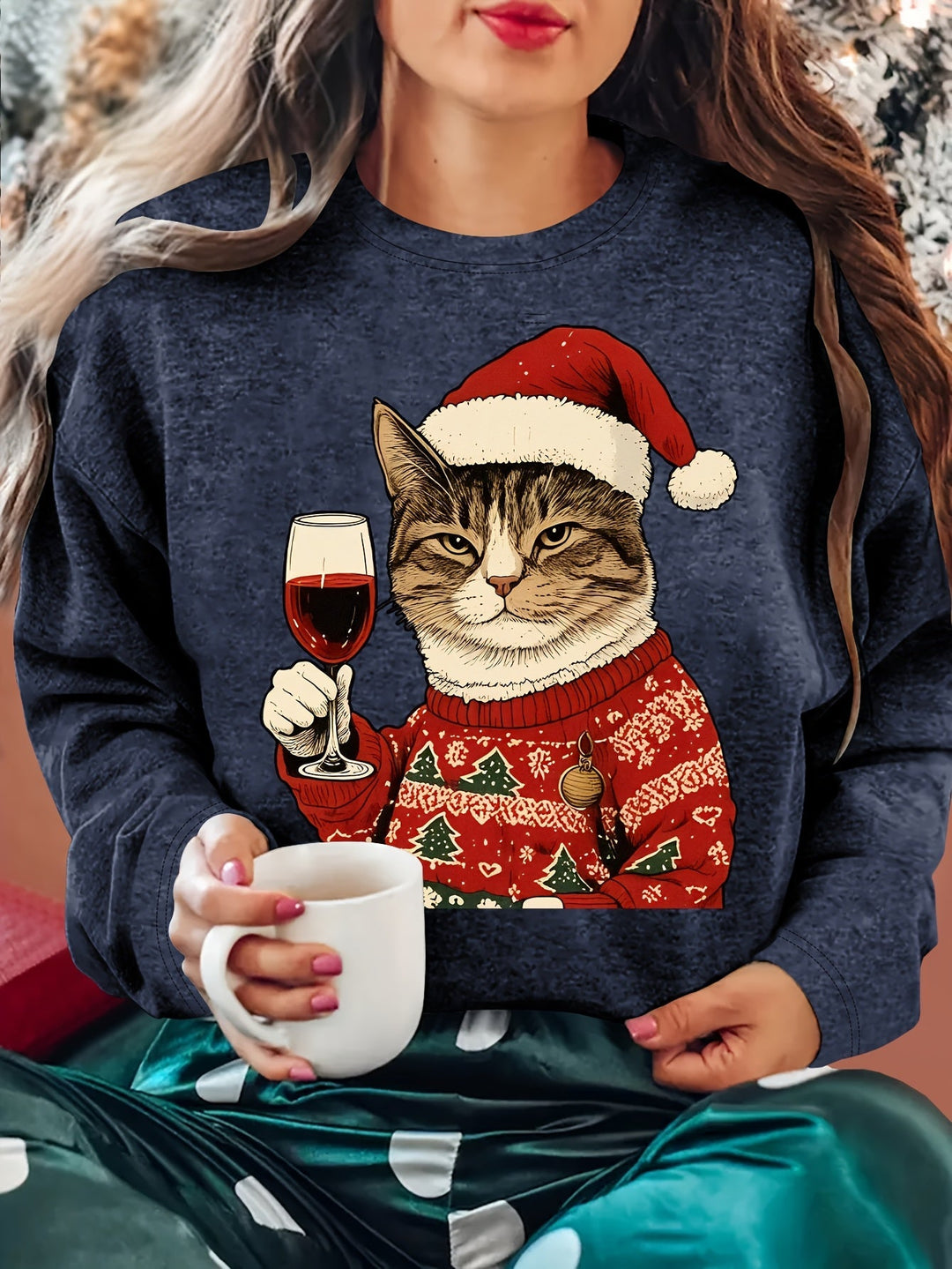 Vera | Christmas Sweaters Women Relaxed Fit Cat Print Sweatshirt