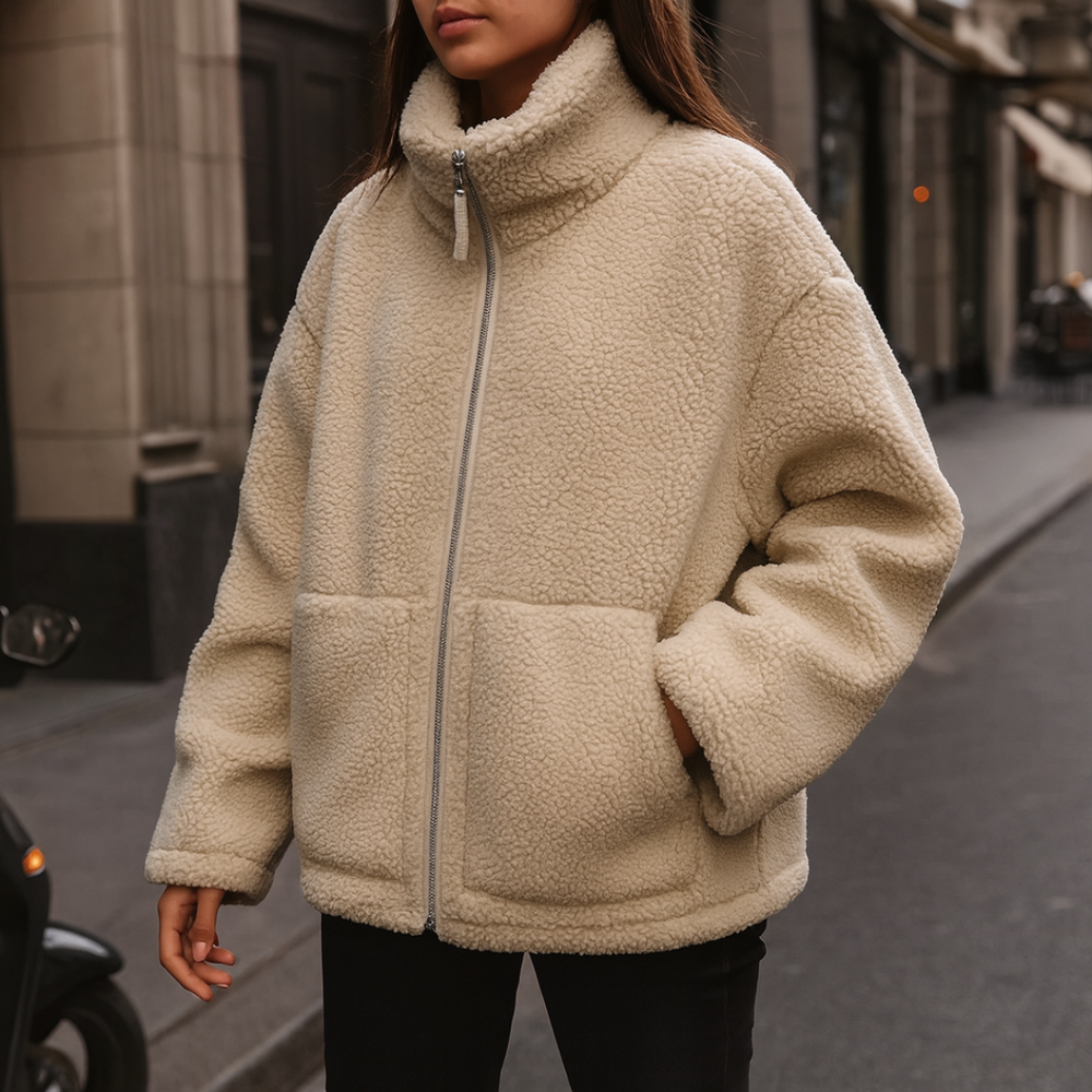Womens oversized teddy fleece zip jacket, view 2