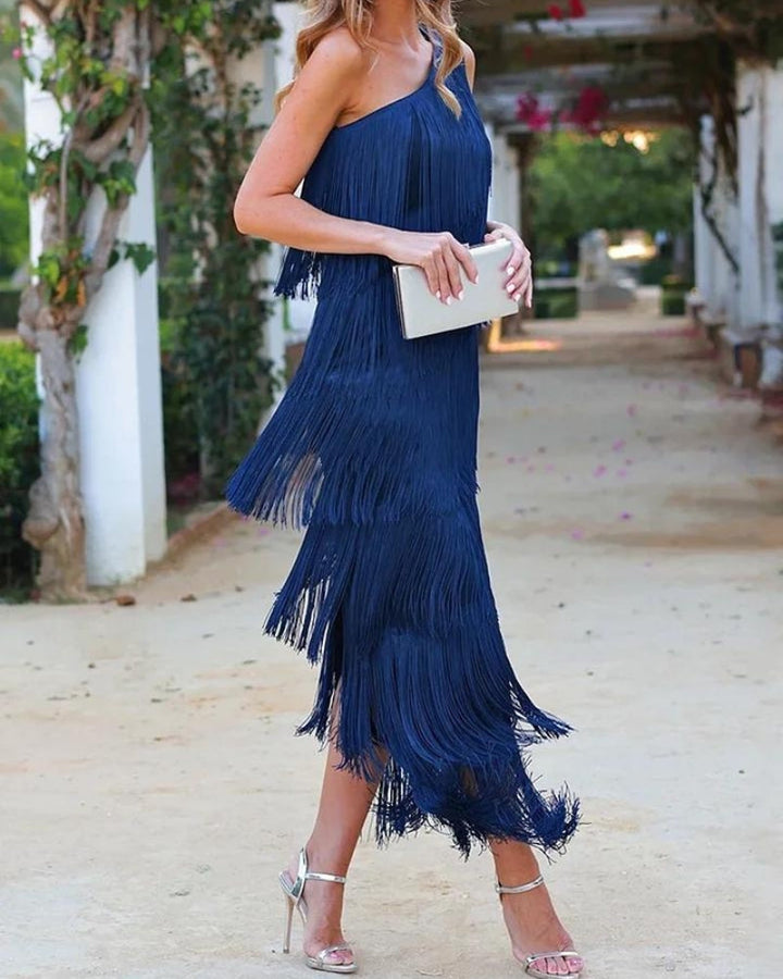 Layla womens one-shoulder fringe midi dress