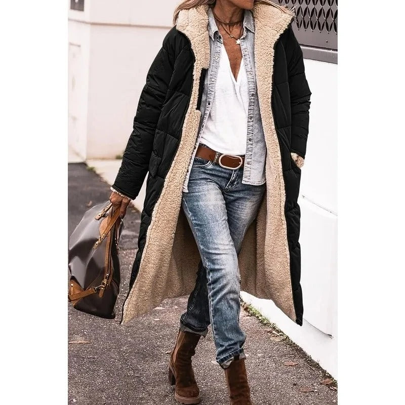 Womens long sherpa-lined quilted coat, view 2