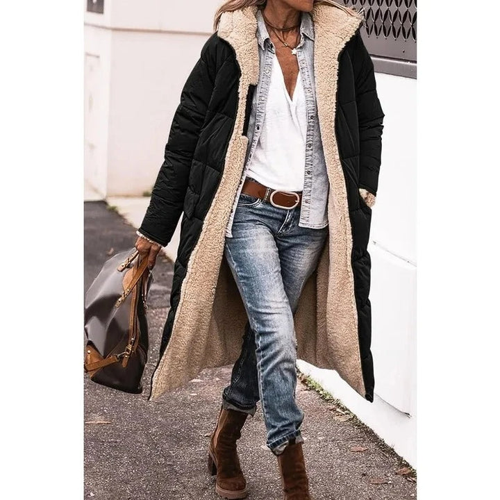 Womens long sherpa-lined quilted coat, view 2