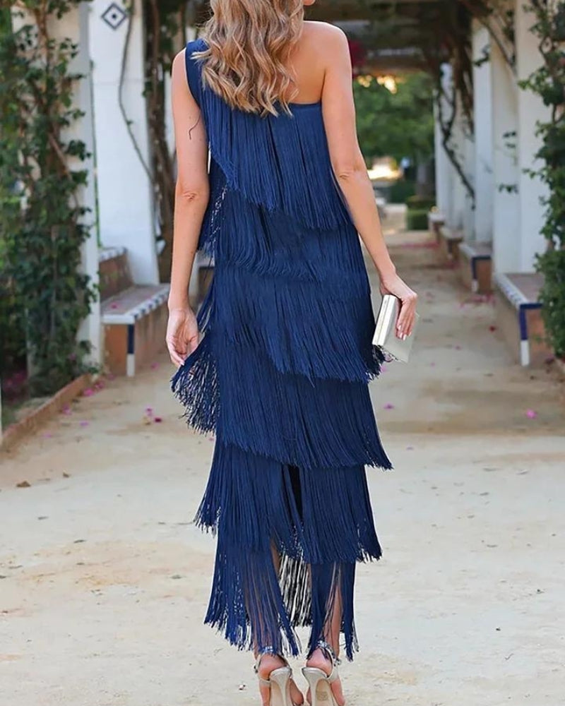 Layla womens one-shoulder fringe midi dress