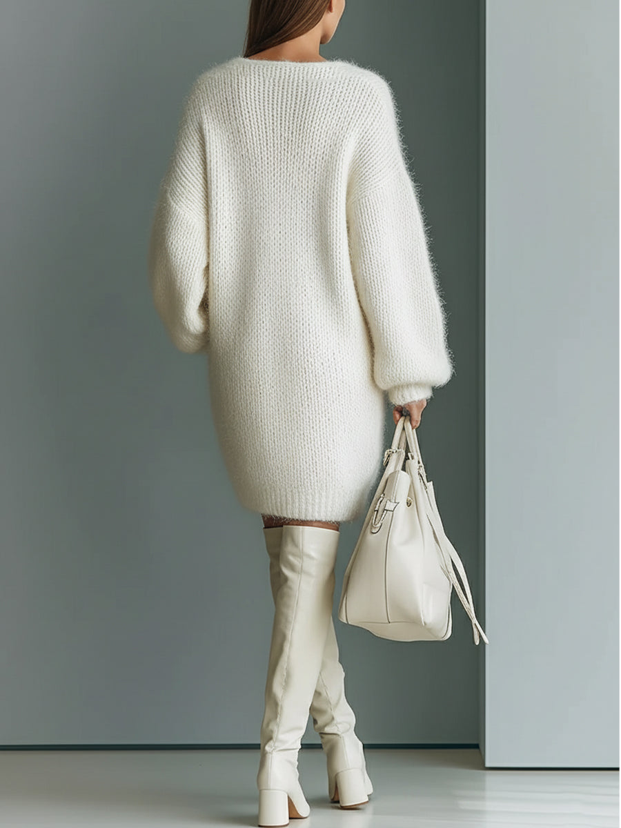 Kara | Oversized White V-Neck Knit Sweater Dress
