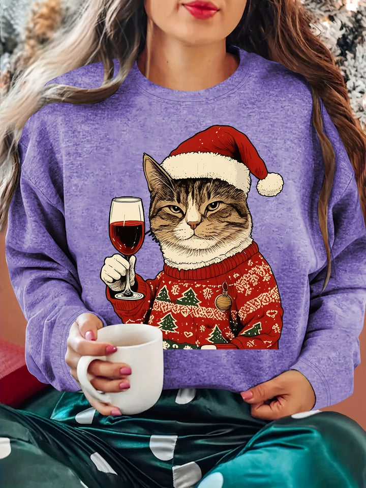 Vera | Christmas Sweaters Women Relaxed Fit Cat Print Sweatshirt