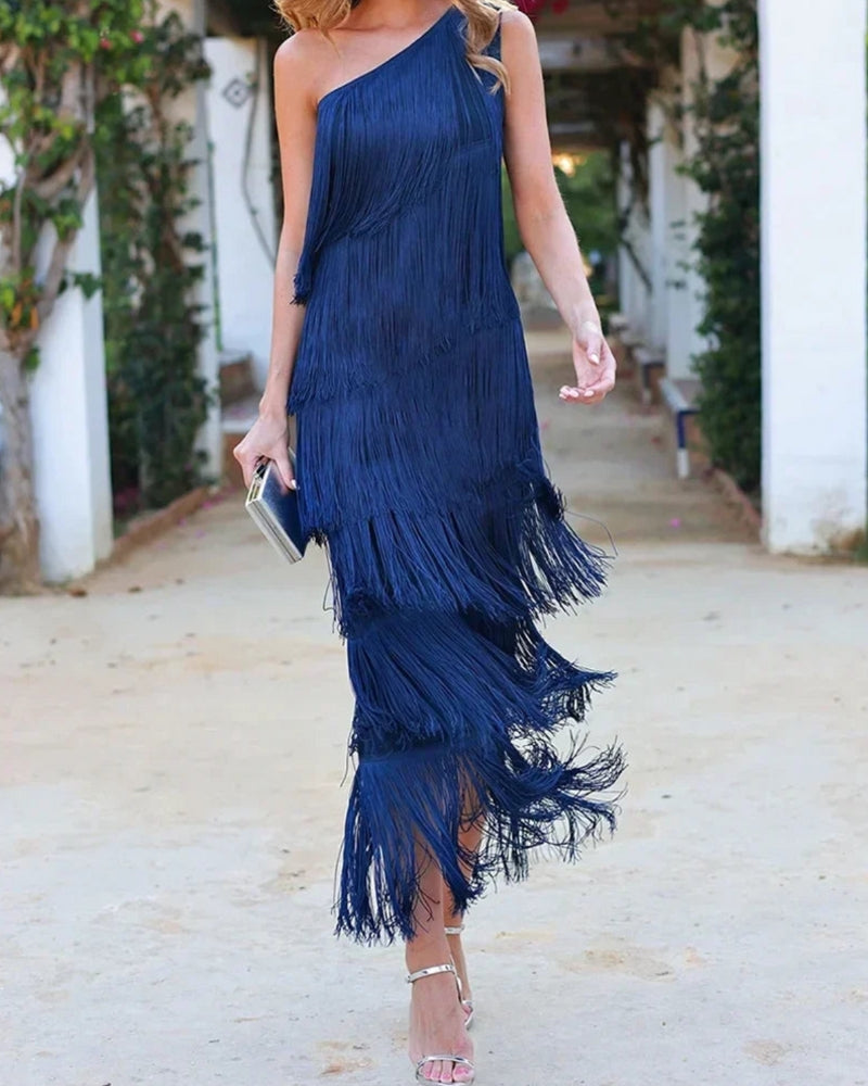 Layla womens one-shoulder fringe midi dress