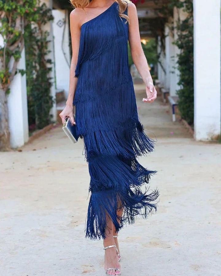 Layla womens one-shoulder fringe midi dress