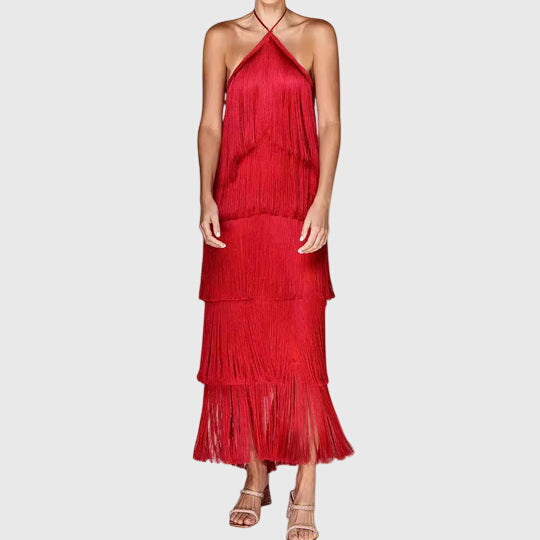 Shelby womens backless halter fringe maxi dress