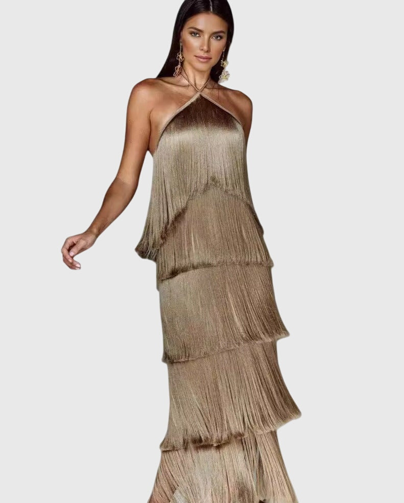 Shelby womens backless halter fringe maxi dress