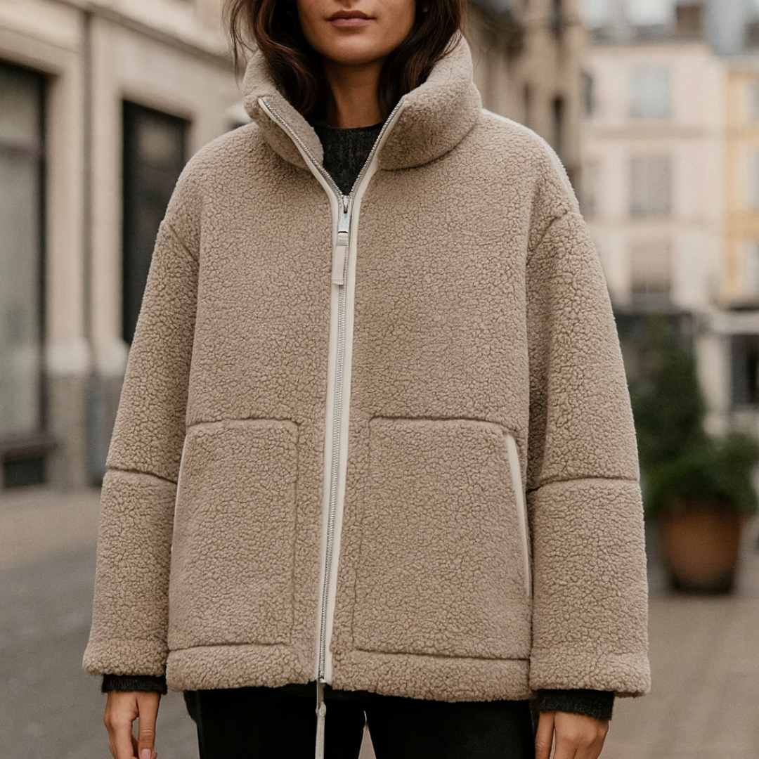Womens oversized teddy fleece zip jacket, view 1