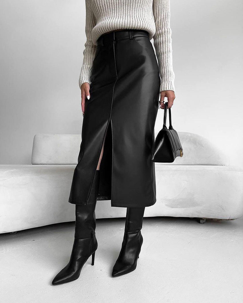 Womens black faux leather midi skirt, view 1