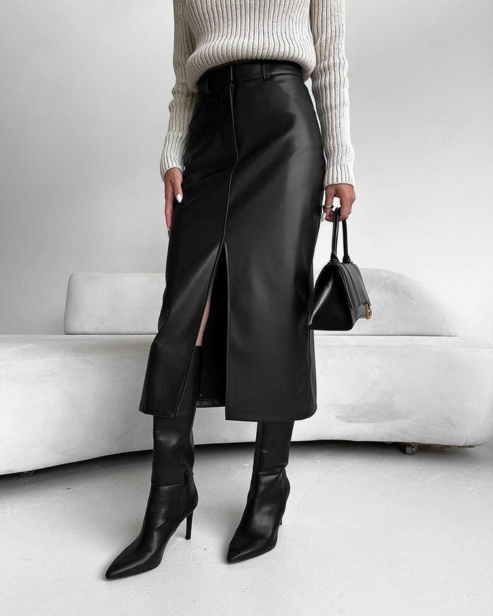 Womens black faux leather midi skirt, view 1