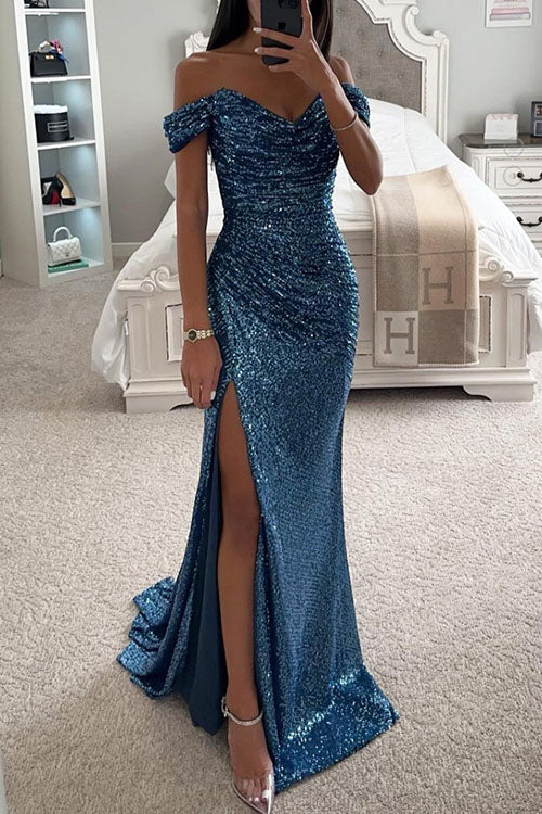 Holly womens sequin off-shoulder maxi dress