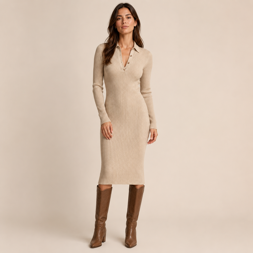 Womens ribbed knit polo sweater maxi dress, view 1