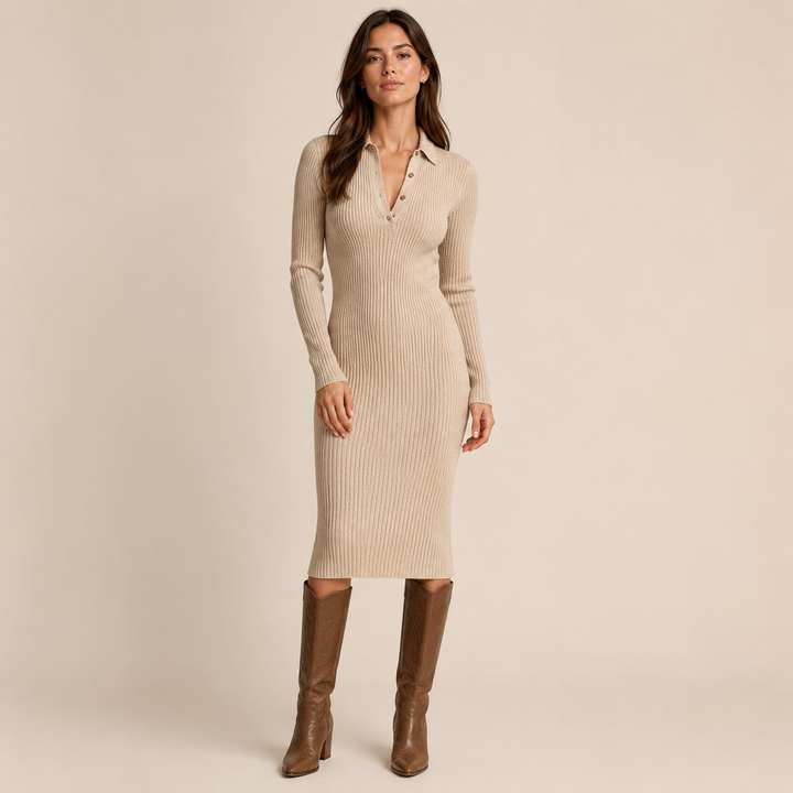 Womens ribbed knit polo sweater maxi dress, view 1