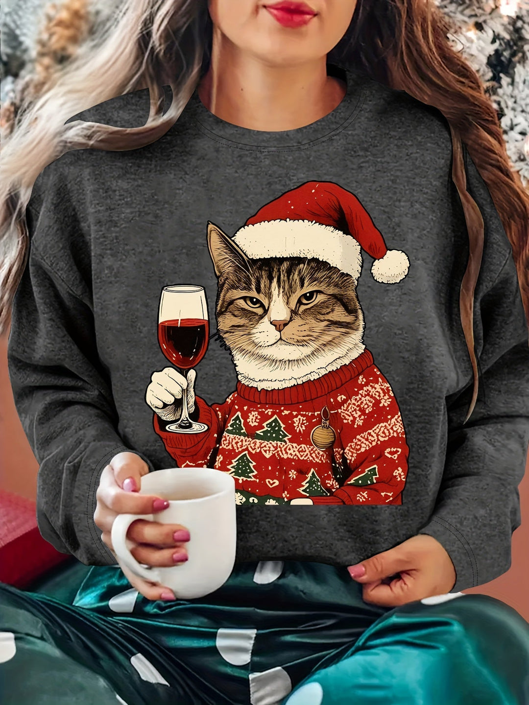 Vera | Christmas Sweaters Women Relaxed Fit Cat Print Sweatshirt