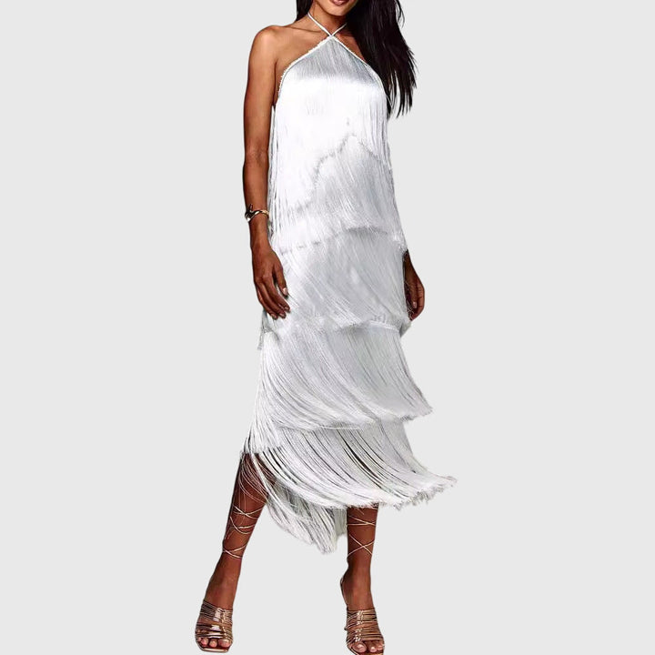 Shelby womens backless halter fringe maxi dress