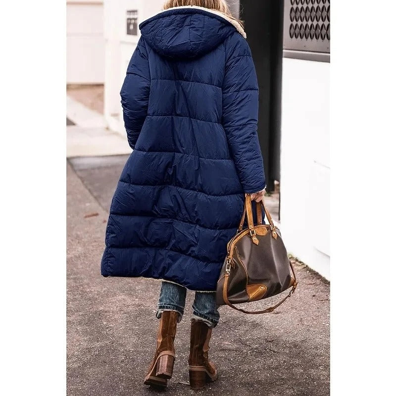 Womens long sherpa-lined quilted coat, view 8
