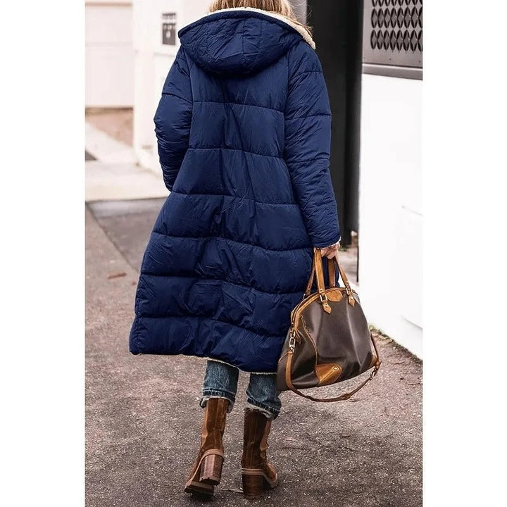 Womens long sherpa-lined quilted coat, view 8