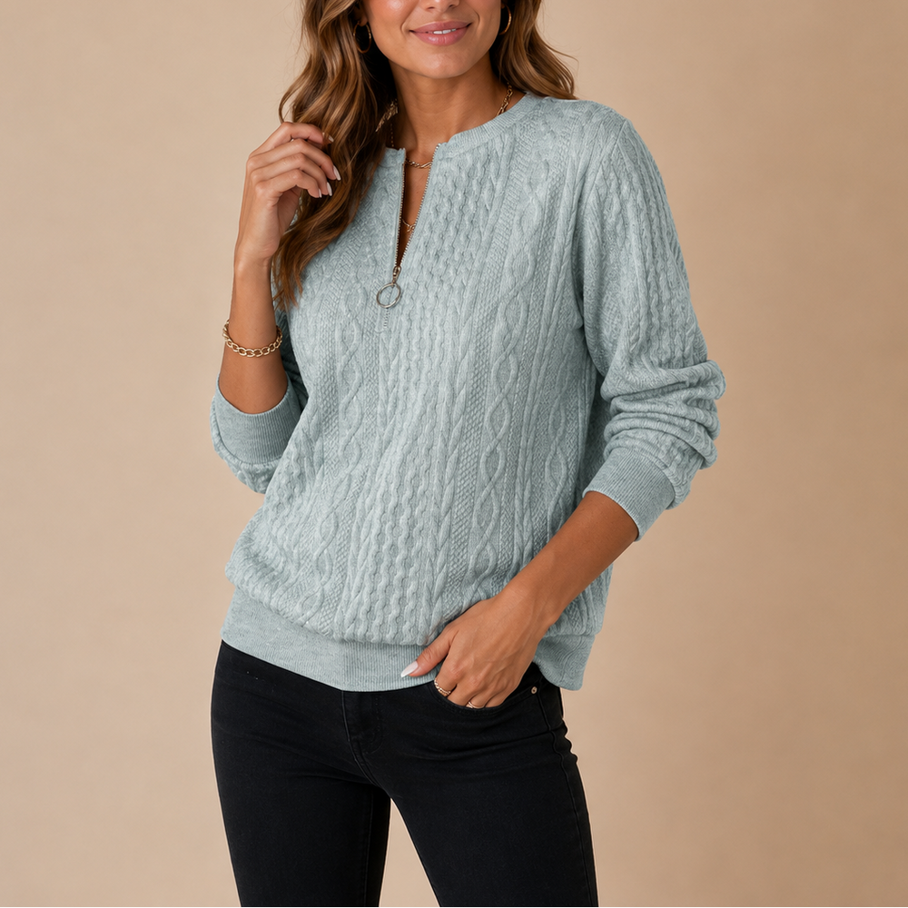 Womens cable knit quarter-zip sweater, view 2