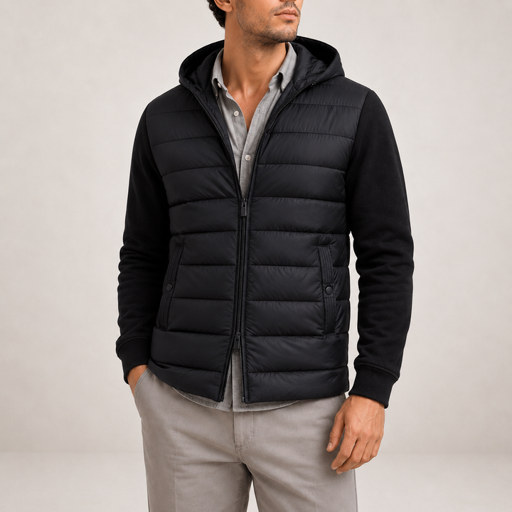 Mens quilted hybrid hooded puffer jacket, view 1