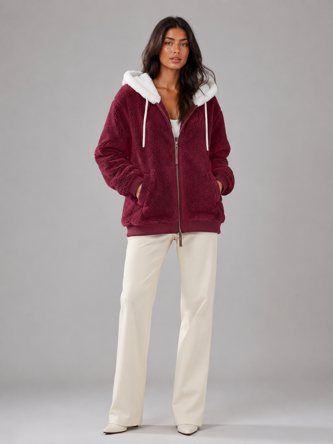 Womens oversized full-zip sherpa hoodie, view 1