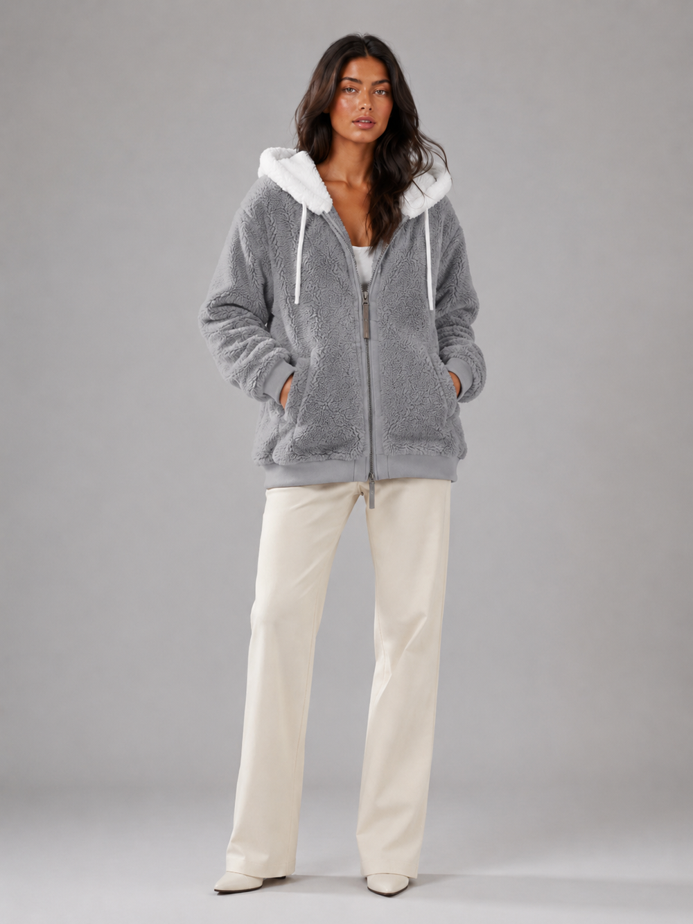 Womens oversized full-zip sherpa hoodie, view 2