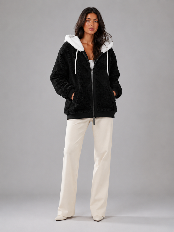 Womens oversized full-zip sherpa hoodie, view 3