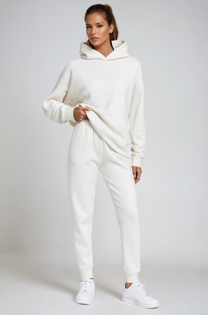 Womens hoodie and jogger sweatsuit set cream