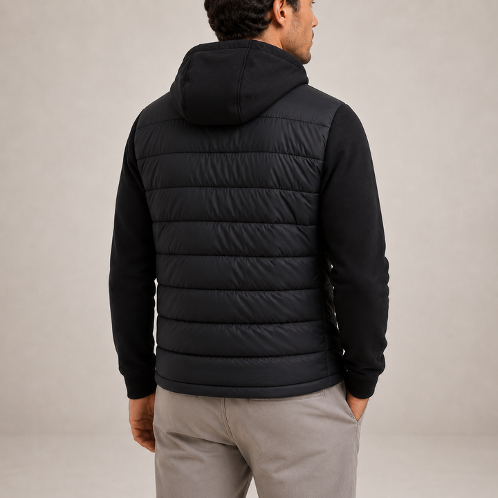 Mens quilted hybrid hooded puffer jacket, view 3