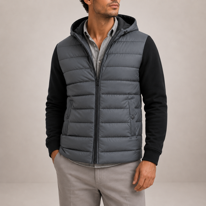 Mens quilted hybrid hooded puffer jacket, view 2