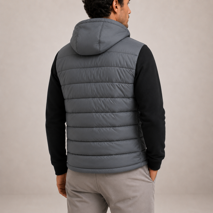 Mens quilted hybrid hooded puffer jacket, view 4