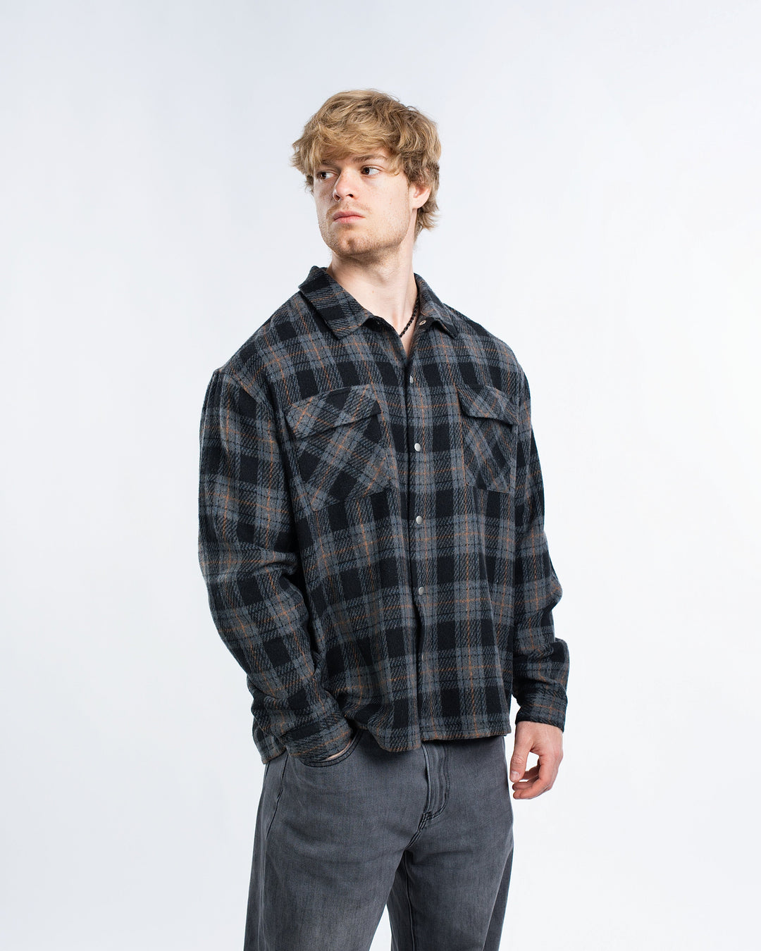 Mens plaid flannel overshirt jacket, view 1